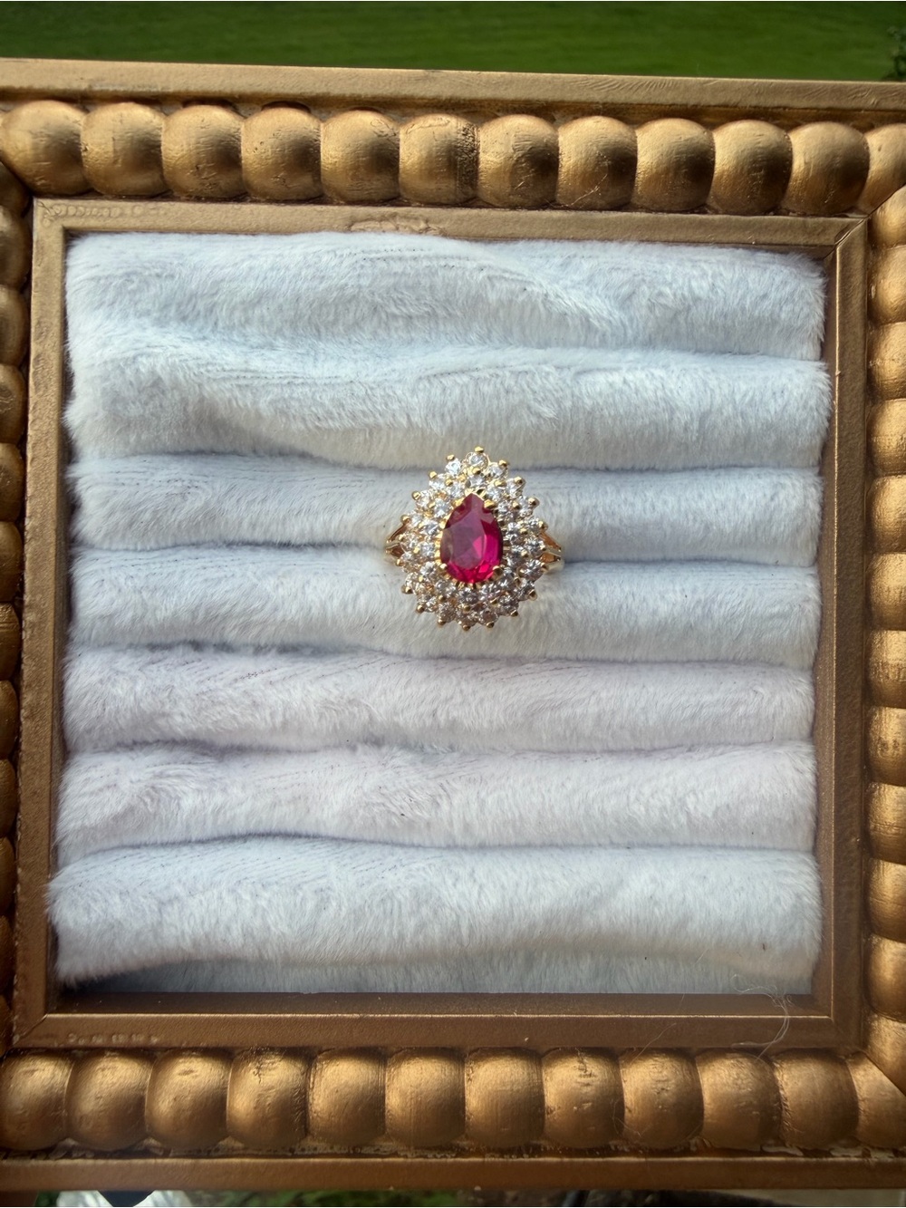 Vintage Pear-Shaped Faux Ruby and Diamond Ring Size 8 - Picture 1 of 4